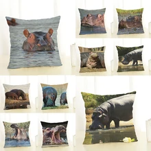 Big Animals Printed Hippopotamus Cushion Cover 45x45cm Linen Throw Pillow Cover Farmhouse Decor Cuscini Decorativi Pillowcases