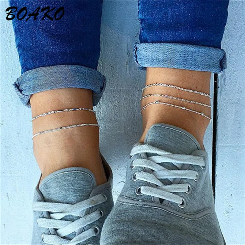 

BOAKO 5Pcs/Set Anklet Set Women's Foot Jewelry Charm Silver Color Multilayer Anklets Vintage Simple Ankle Bracelet on The Leg