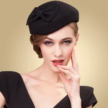 Black Classic Wool Pillbox Hat Women Lady Vintage Bowknot Woolen Felt Cocktail Party Wedding Top Hat Clip Dress Headwear