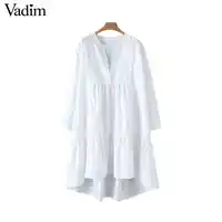 Vadim vrouwen witte losse jurk v-hals Geplooide onregelmatige lange mouwen vrouwelijke casual jurken solid chic straight vestidos QB532