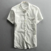 Винтаж стиль хлопок белье воротник-стойка рубашки с коротким рукавом Мужчины Белый Серый темно-синие мужская летняя рубашка с карманом спереди