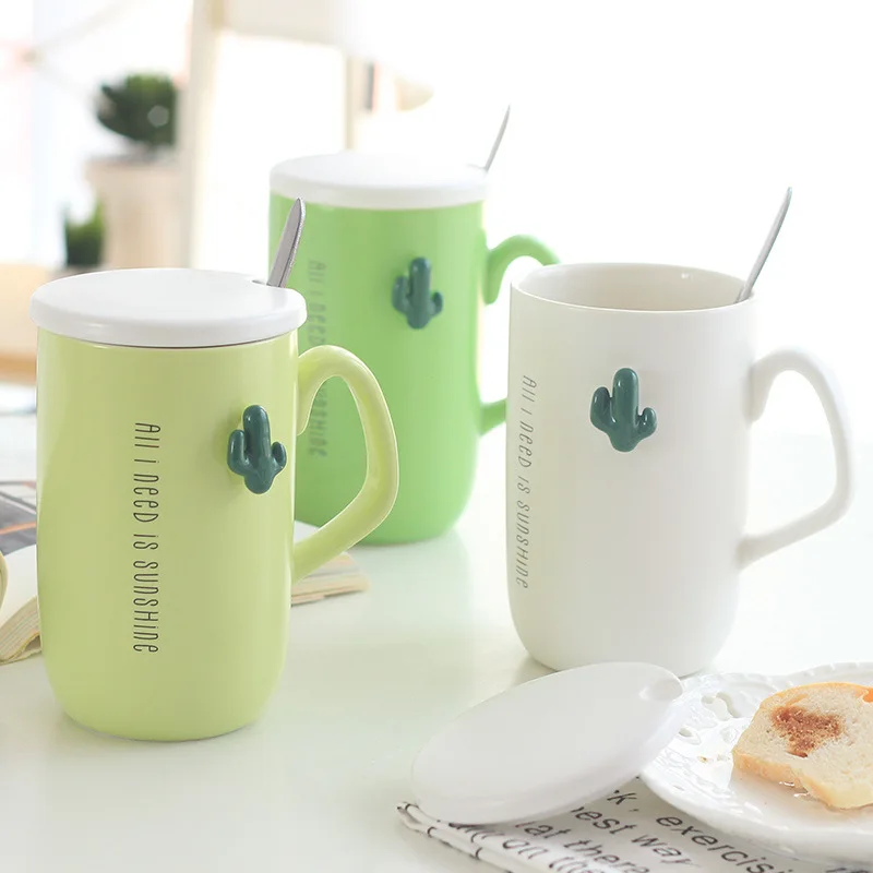 450ml Creative Cactus ceramic mugs embossed cup romantic Drinkware simple coffee Mugs with stainless steel spoon And Lid | Дом и сад