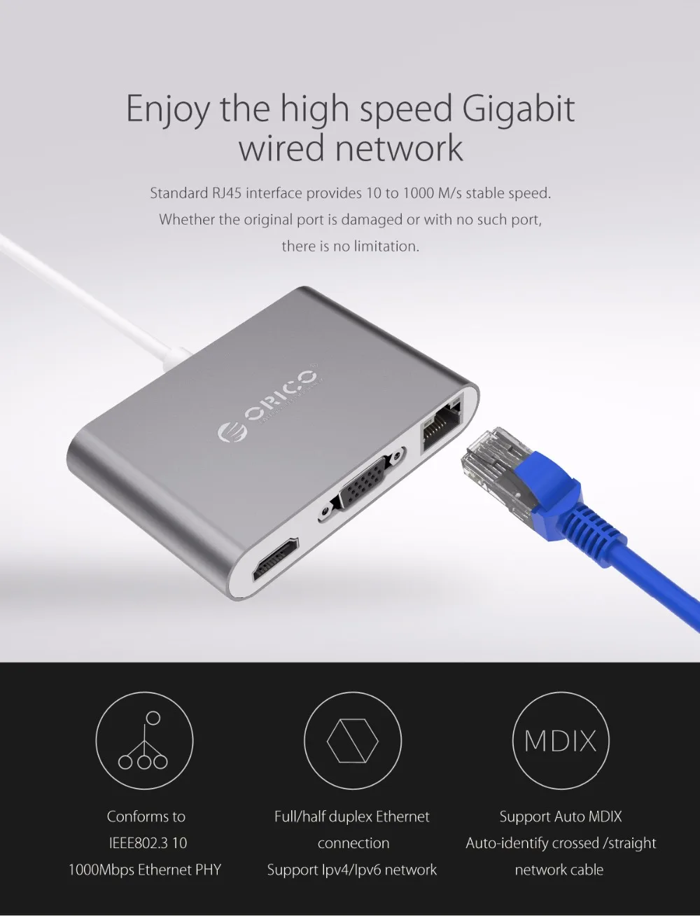 ORICO Aluminum Type-C to VGA/HDMI/RJ45/Type-C/Type-A Converter USB3.1 Gen1 with 2 USB3.0 Ports for Mac(RCNB)-02.WEBP