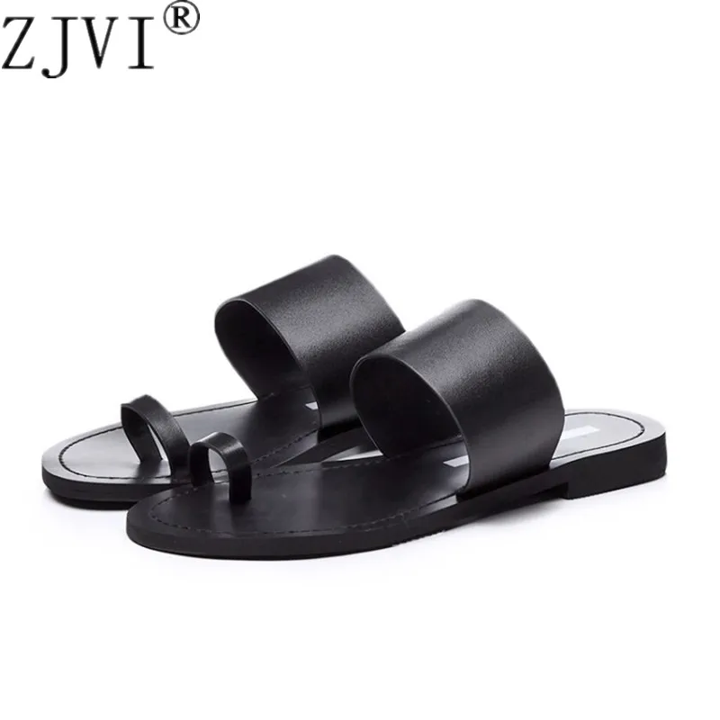 

ZJVI Women genuine leather sandals Woman flat summer shoes gladiator sandalias mujer femme flip flop slippers 2019 black
