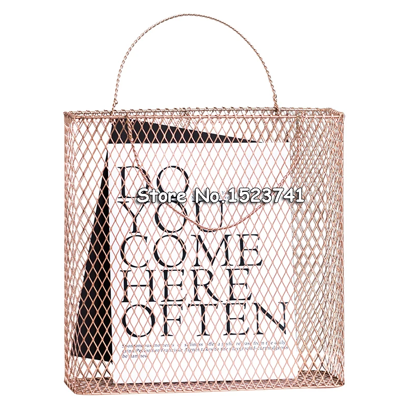 

Mesh Metal Table Storage Basket with Handle Chic Nordic Scandinavian Rose Gold Desk Storage Basket Magazine Organizer Home Decor