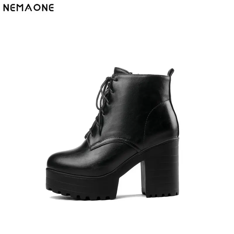 

Thick high Heels Women Ankle Boots 2019 Autumn Winter Lady lace up Boots Black brown apricot Shoes Women big size 43