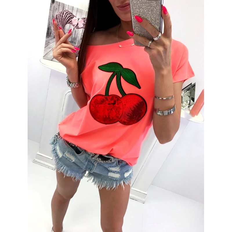 

2019 Women T-shirt Femme Off Shoulder aesthetic Ladies Shirt Sexy Summer Korean Style Tops Short Sleeve Slash Neck Print Tees