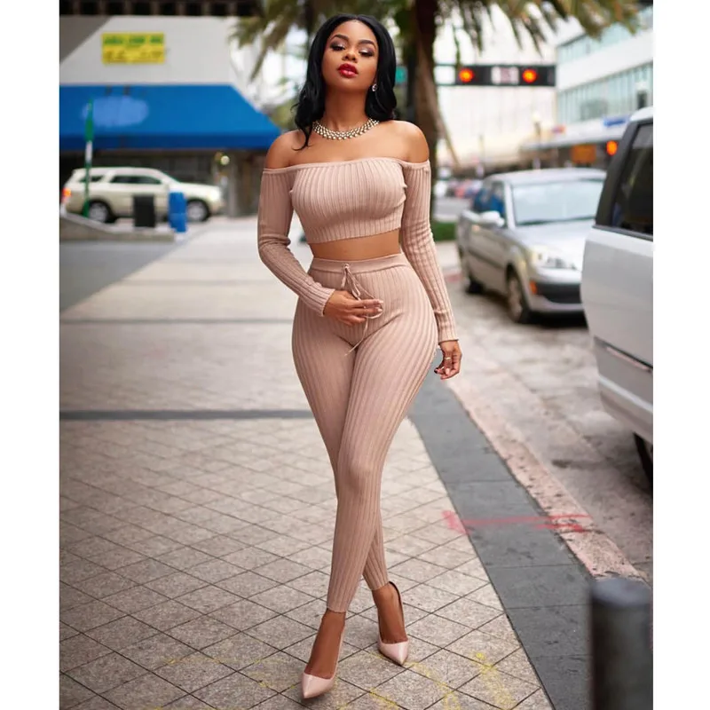 

High Quality 2 Pieces Set Khaki Long Sleeve Slash Neck Bandage Set Celebrity Party Bodycon Set