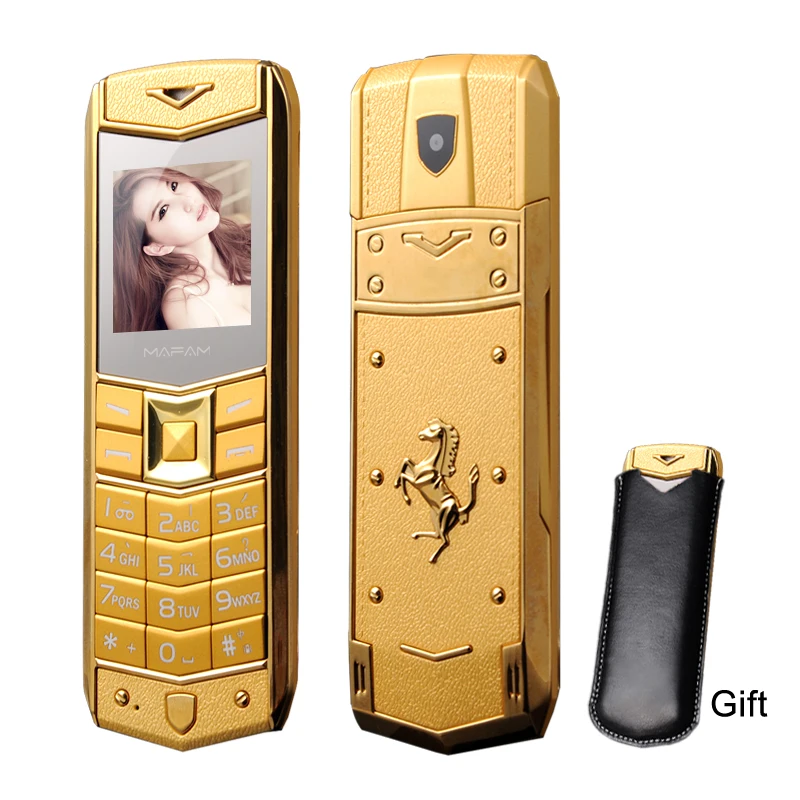 Billig MAFAM A8 Russisch Arabisch Spanisch Französisch Vibration Luxus Metall Körper Auto Logo Dual Sim Handy mit Leder Fall Geschenk p234