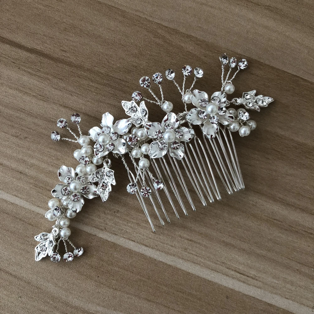New Arrive Shinning Handmade Wedding Thick Silver Hair Comb Metal Flowers Accessories For Woman Pearl Bridal Jewelry |