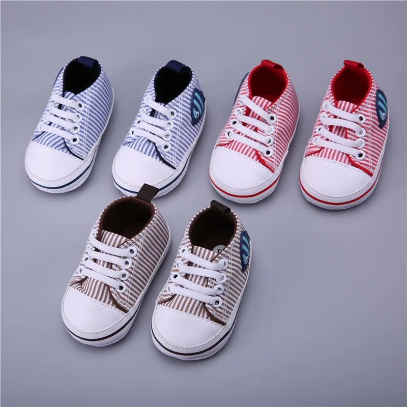 

Infant Toddler Baby Boy Girl Canvas Soft Sole Crib Shoes Striped Sneaker Newborn to 18 Months First walkers