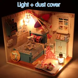 Лидер продаж наборы Diy Деревянный Кукольный дом миниатюрная кровать с светодиодный осветительный прибор пылезащитный чехол мебель