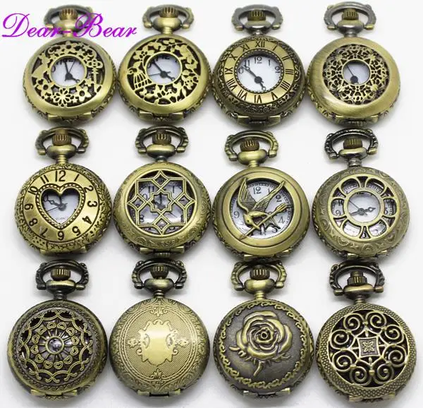 

(APW004) 12 Designs Mixed Alice in Wonderland Rabbit & Keys Pocket Watch Necklace chain pendant. 12pc/lot, Wholesale