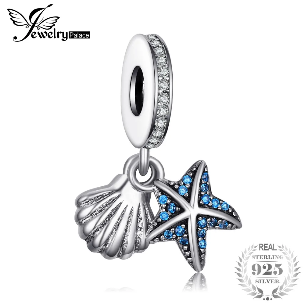 

Jewelrypalace 925 Sterling Silver Tropical Sea Star & Shell Blue Cubic Zirconia Charm Bracelets Gifts For Women Fashion Jewelry
