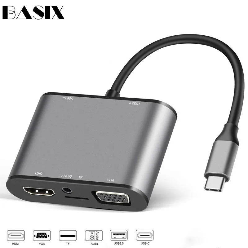 Basix USB-C концентратор типа C к USB 3,0 Thunderbolt 3 HDMI VGA 3,5 мм аудио RJ45 адаптер для MacBook Pro samsung Galaxy S9 USB C концентратор - Цвет: 8 in 1 VGA HDMI HUB