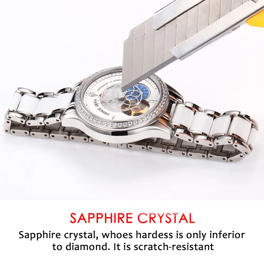 US $257.99 PRINCE GERA Womens Watches Automatic Skeleton Mechanical Watch Flower Pointer Dial Ladies Wristwatches with Ceramic Band new