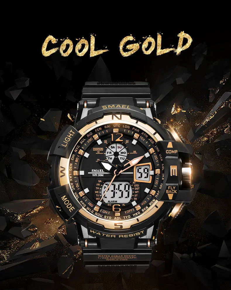 SMAEL часы Для мужчин спортивная цифровая видеокамера с Водонепроницаемый часы золотые модные Элитный бренд хронограф кварцевые электронные военные наручные часы 1376C