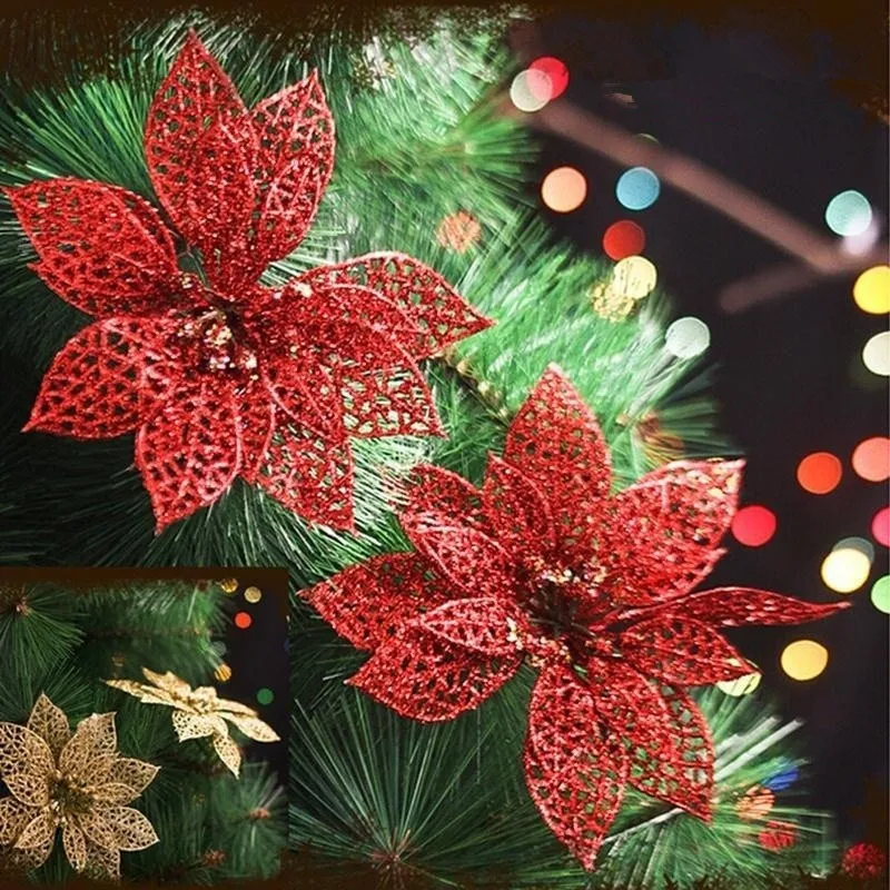 15 шт. украшения для рождественской елки для дома блестящие искусственные цветы для рождества Noel Natal для свадьбы, вечеринки, Нового года, Рождества