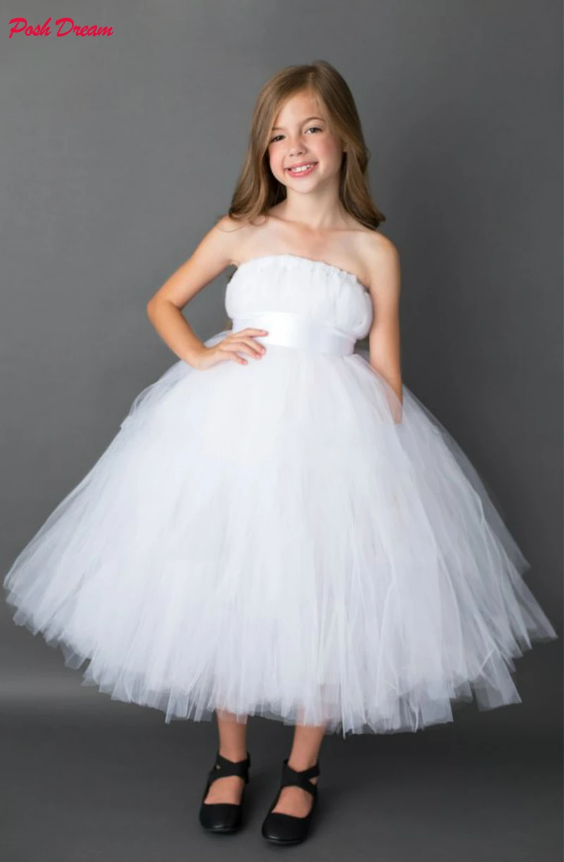 POSH DREAM Pure White Princess Girls Tutu Dress Mid Calf Little Girls ...