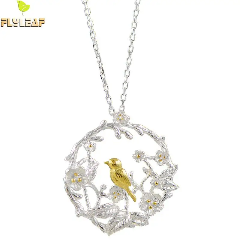 

Flyleaf Brand 100% Sterling Silver Plum Blossom Branch Birds Necklaces & Pendants For Women Fashion Lady Jewelry