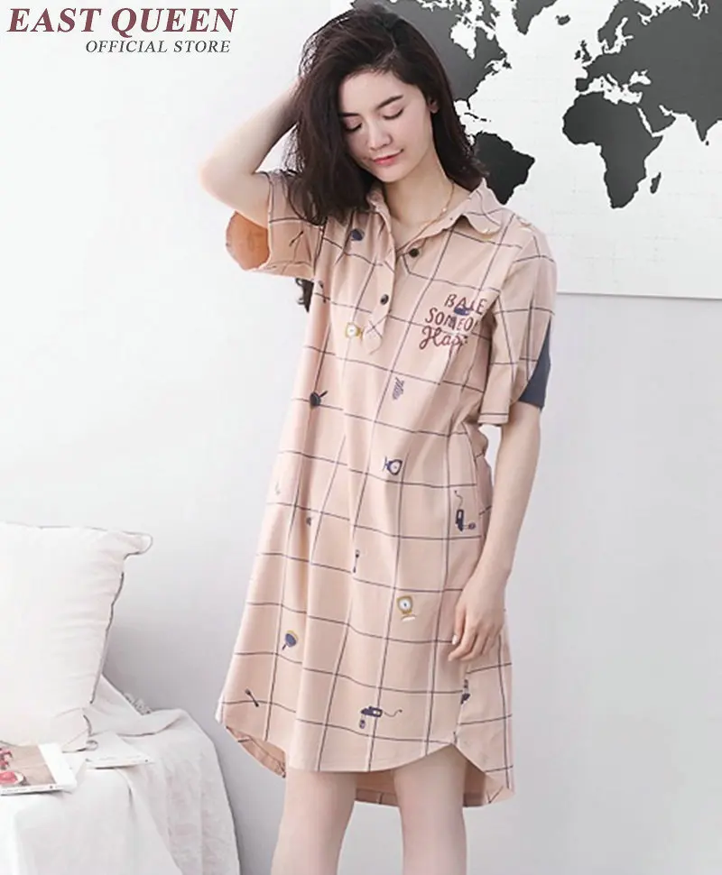 Хлопковый топ для сна, женская летняя рубашка для сна с коротким рукавом, женское домашнее платье с отложным воротником, Ночная одежда KK907 HQ