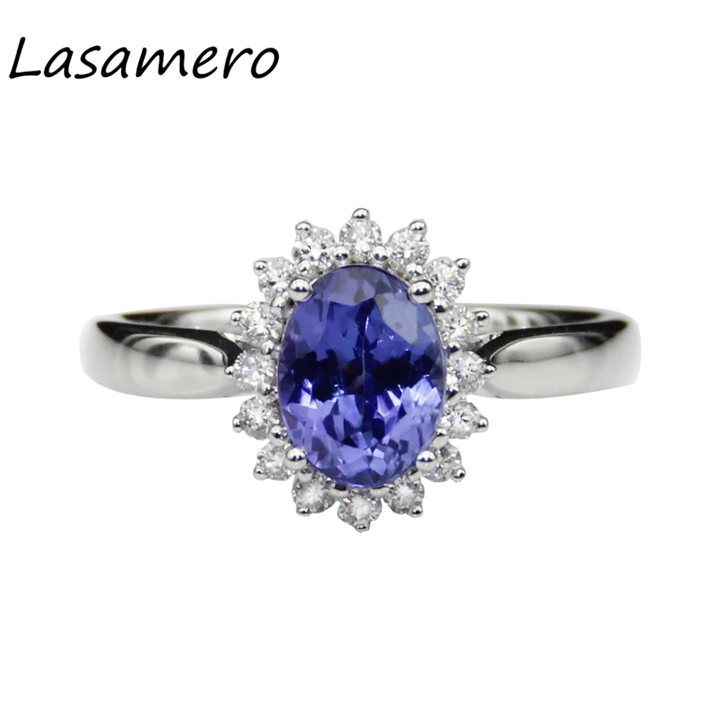 

LASAMERO Ring For Women 1.5CT Oval Cut Certified Natural Blue Tanzanite Accents 18k Gold Halo Floral Engagement Wedding Ring