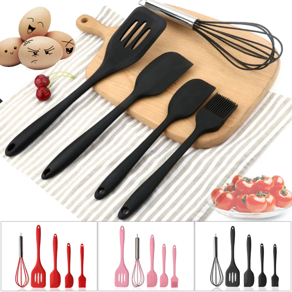5Pcs/Set 3 Colors Silicone Cooking Tool Sets Egg Beater Spoon Spatula Oil Brush Kitchenware Kitchen Utensils Sets with Box