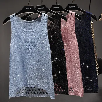 

New Summer Fashion Bling Bling Sequins Women Tops All-match Hollow Out Knitted Vests O Neck Sleeveless Female Knitting Tanks