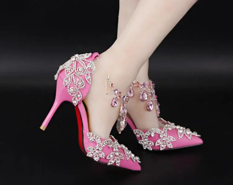 Collier Chaussures 2019 Mariage Mince Rose Nouvelle Cheville en Et Automne Avec Printemps De Pointu Strass un Tout Mode Cristal awqH6EBn