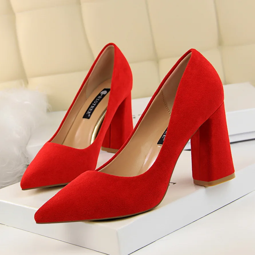 New Arrival Concise Square Heel Office Shoe Women Flock Soft Leather Pointed Pumps Spring Autumn Shallow Ladies High Heels Shoes