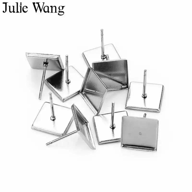 Julie Wang 50 шт нержавеющая сталь 10 мм квадратные серьги гвоздики Кабошон Базовые