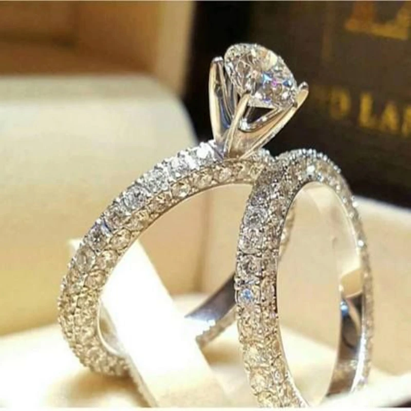 

White Stone Ring set White Crystal Wedding Rings for Women Luxury Jewelry Charm Silver Ring Bague Femme Anillos Mujer O4T123