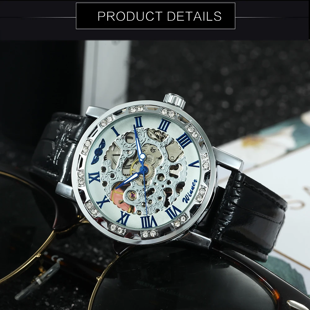 WINNER Fashion Mechanical Watch for Women Top Brand Luxury Watches Diamond Skeleton Dial Leather Strap Unisex Size Wristwatches