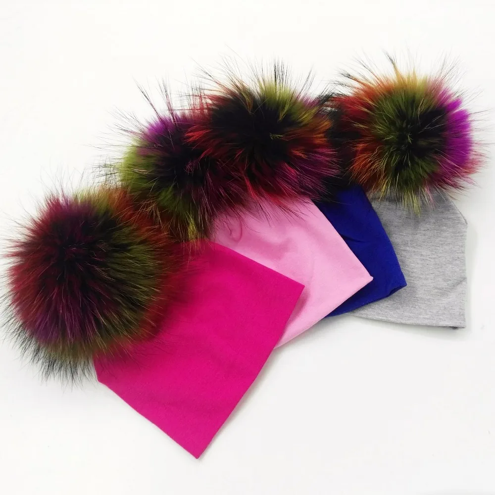 GZHilovingL-0-5month-Spring-INS-New-Design-Cotton-Beanie-Real-Fur-Raccoon-Fox-Fur-Pompom-For