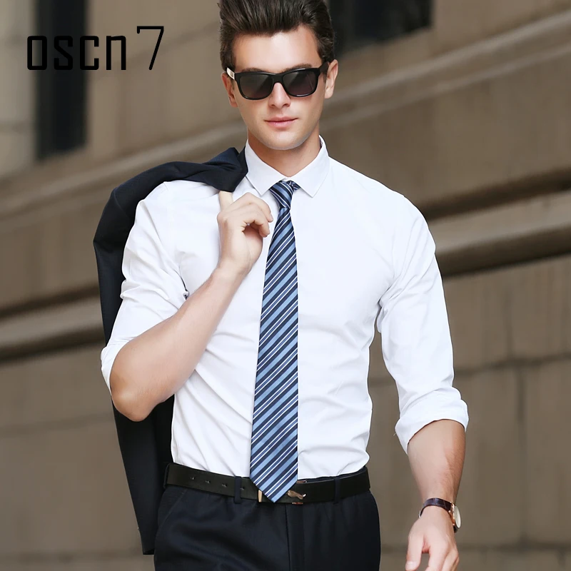 Vente OSCN7 Blanc Chemise À Manches Longues Hommes D affaires Classique Pour Hommes Robe Chemises Slim Fit Loisirs Camisa Sociale Masculina Haute Qualité Chemise