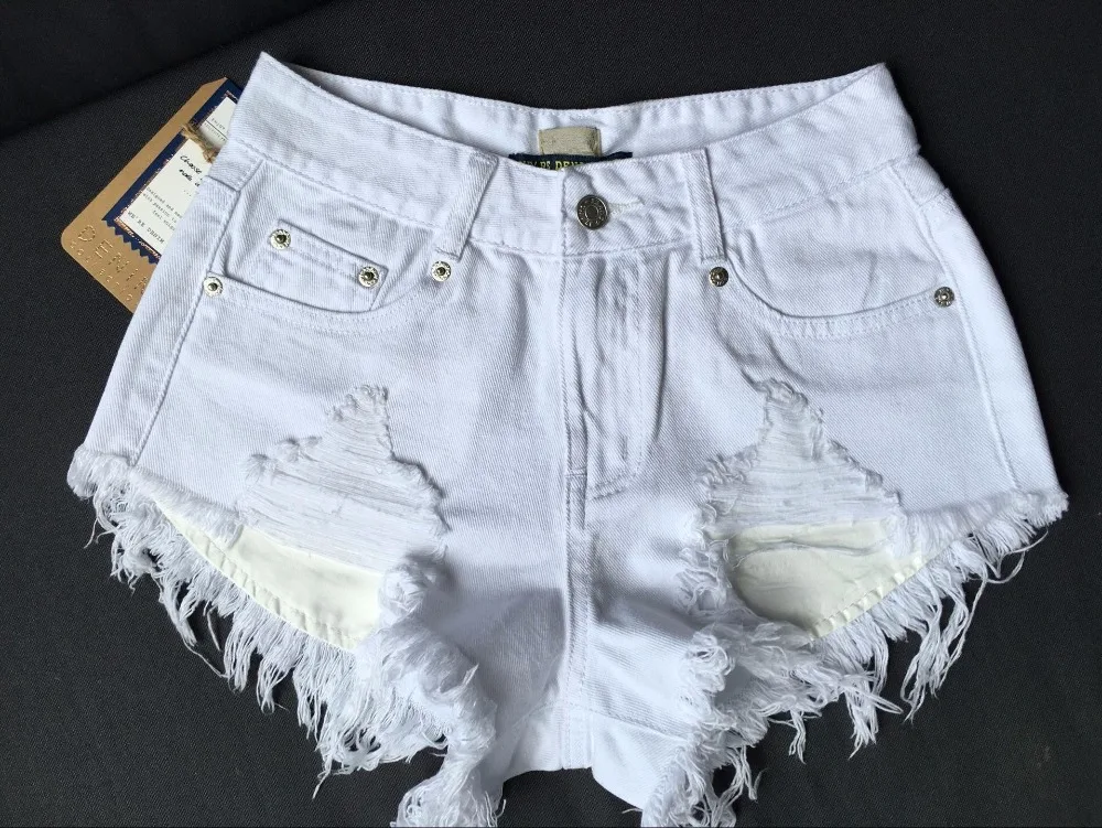 Мода хлопок Горячие Джинсовые шорты женские пикантные отверстие белый Потрепанные края Высокая талия укороченные джинсы Карманы Ripped