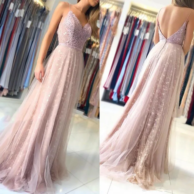 2019 Prom Dresses Sexy Spaghetti Straps Backless Lace Appliques A Line Evening Gowns Floor Length Special Occasion Dress 149