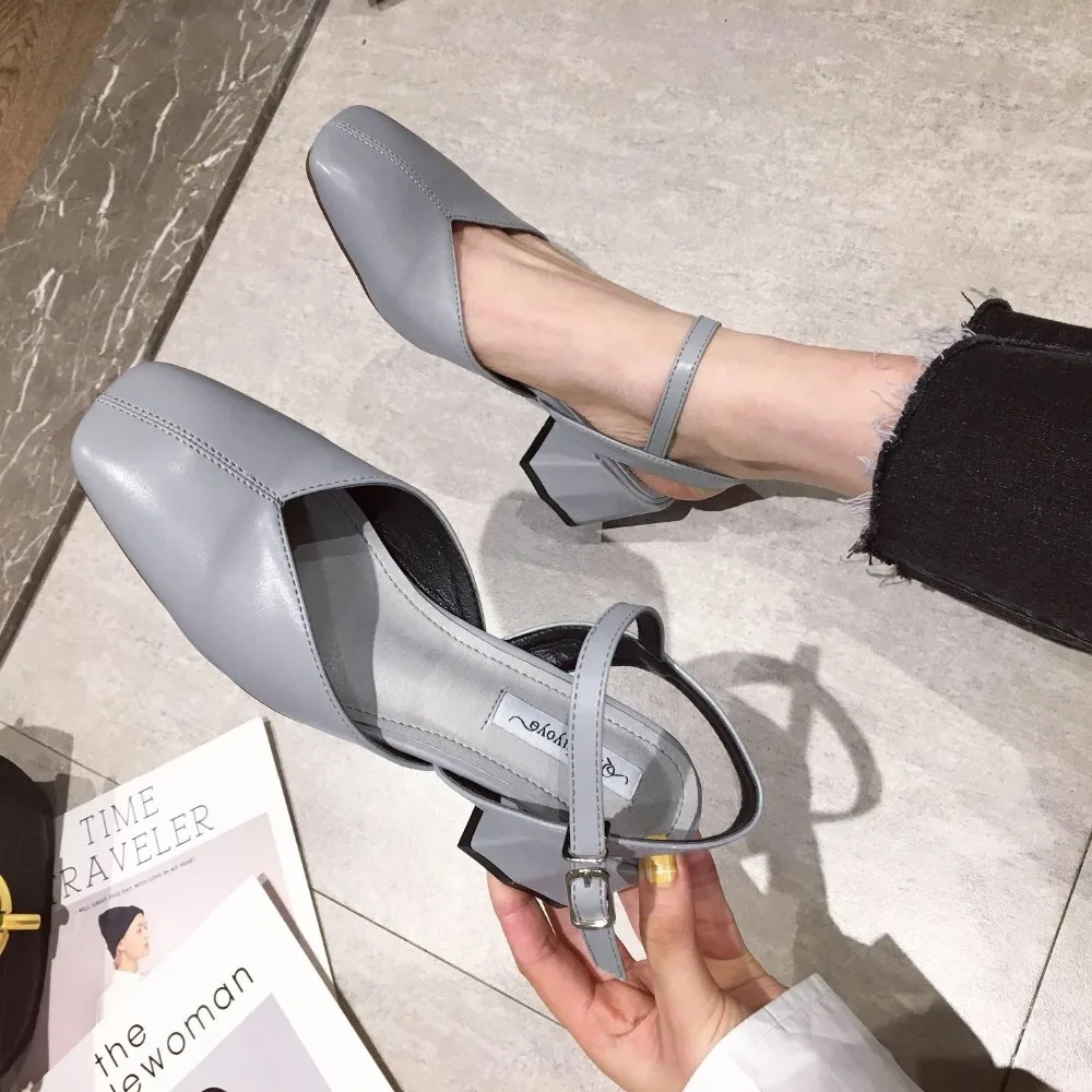 

Square Toe Med soulier femme pumps Single cusp shoe korean style platform Rubber Leisure PU Mary Janes Slingbacks women