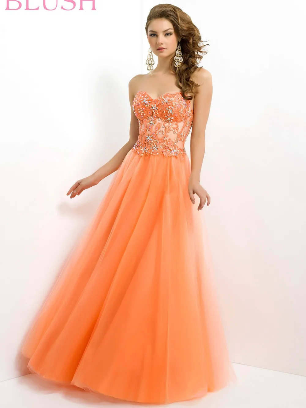 2014 A-Line Stunning Lace Applique Crystal Beaded Sheer Neckline Bodice Floor Length Tulle Backless Blue Prom Dresses | Свадьбы и
