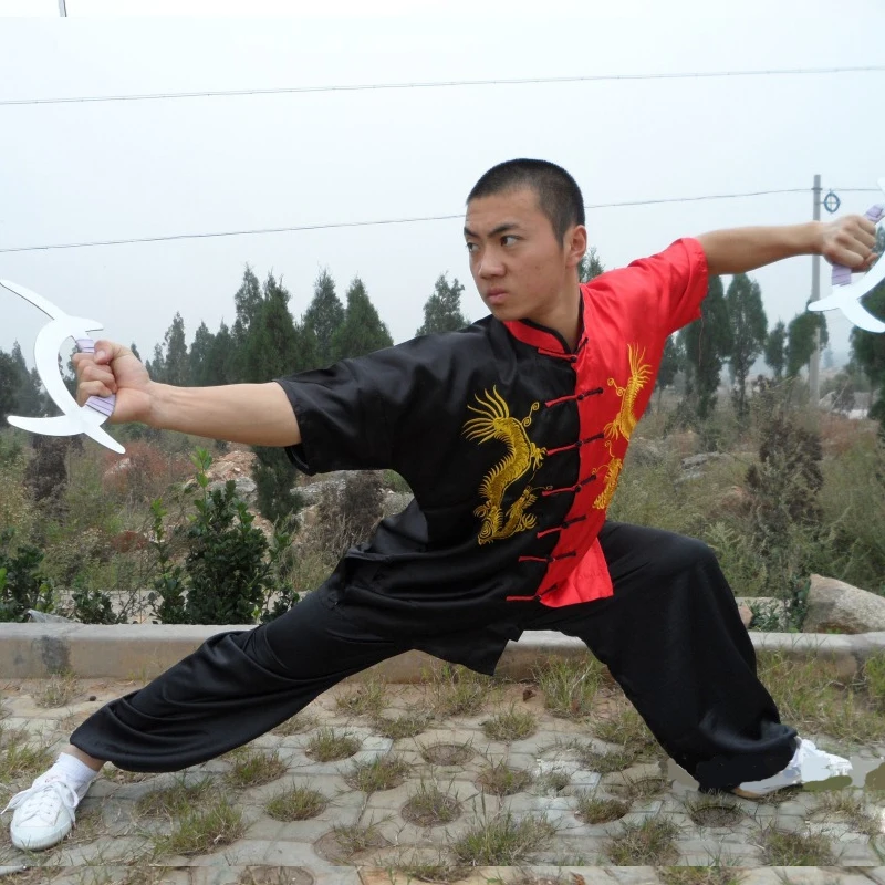 Китайская Униформа Wushu с драконом Тай Чи черный красный костюм свободная куртка и