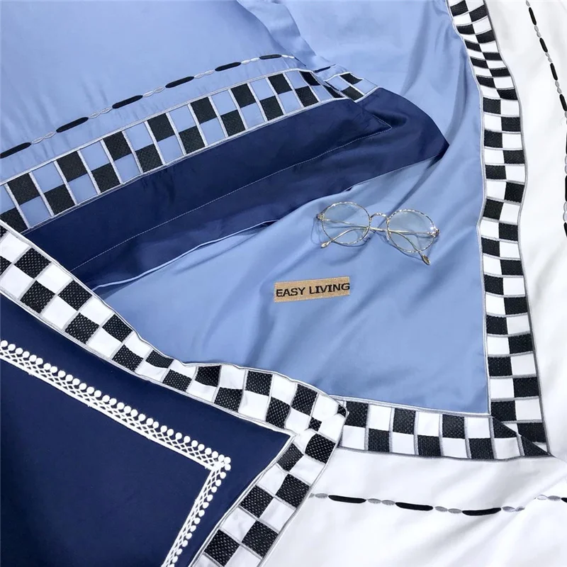 Waliicorners Luxury Egypt Cotton white and black check Bedding Set Embroidery Duvet Cover Bed Sheet Pillowcases 13 1554870058_541437950_6