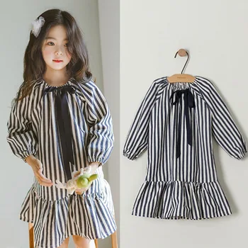 

ruffles baby teenage girls dress long sleeve cotton black white striped princess dresses for little girls school autumn clothing