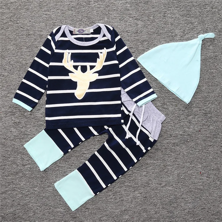 Новая стильная одежда для маленьких мальчиков и девочек Одежда для новорожденных футболка с золотым оленем с длинными рукавами+ штаны+ шапка, комплект из 3 предметов для младенцев