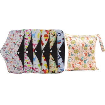 

6pcs Washable Reusable Sanitary Towel Breathable Bamboo Charcoal Cloth Menstrual Pads with Storage Bag (Random Color)