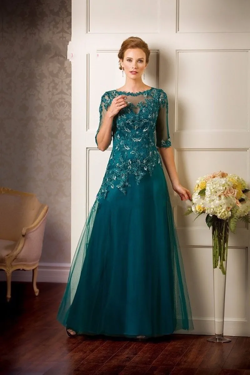 Long A Line Half Sleeve Mother Of The Bride Dresses Evening Gown Custom Made Crew Neck Cap 1/2