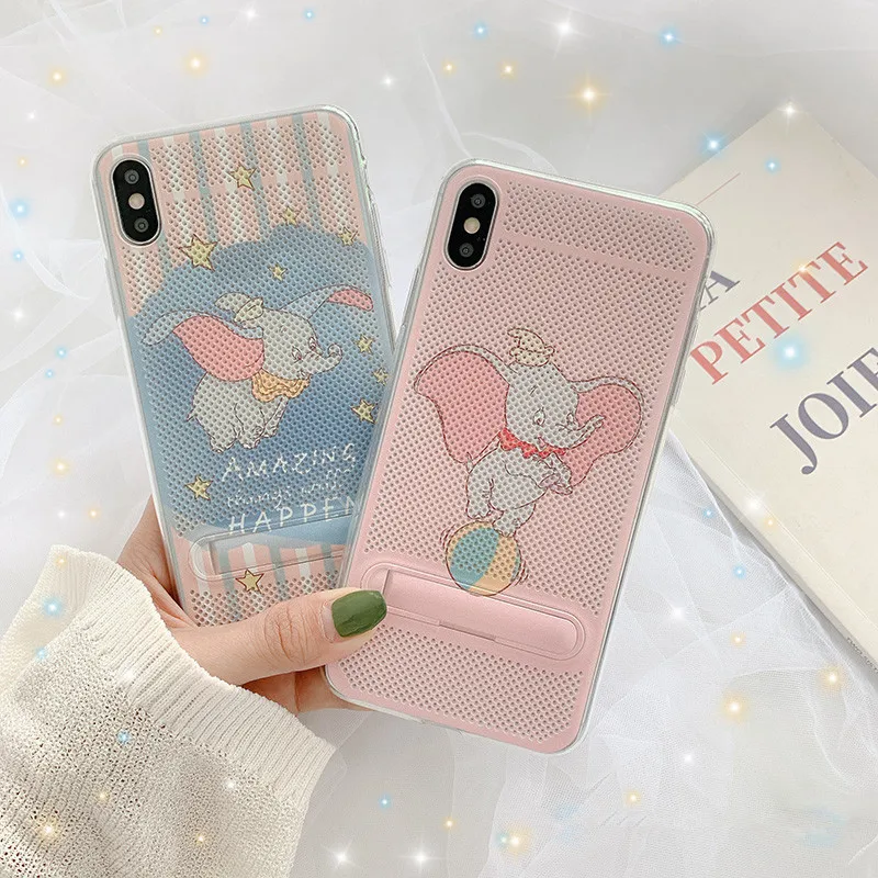 

Pink Cute Cartoon Animation Dumbo Phone Case For iPhone X Xs XR Xsmax 7 7 Puls 6 6S 7 8Puls Cases Hidden Stand Holder Soft Cover