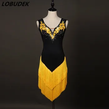 

Female Latin dance tassels dress ballroom dancing All-match performance clothing yellow Crystals one piece Dress stage costumes