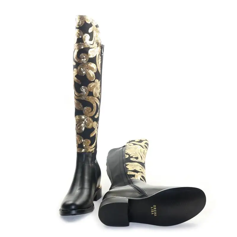 ORCHA LISA/Новая зимняя обувь брендовые блестящие женские сапоги до колена на толстом каблуке больших размеров повседневные теплые сапоги из натуральной кожи на низком каблуке C065