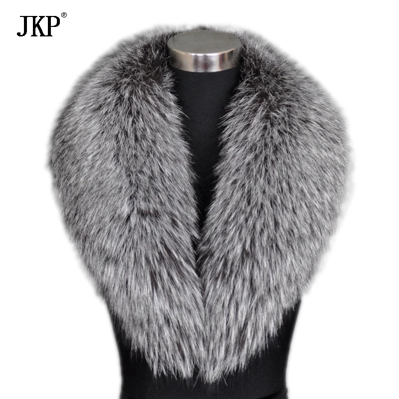 

JKP Genuine Real Silver Fox Fur Collar With coat Natural Fox Fur Scarf Big Fur Collar Custom Made Shawl