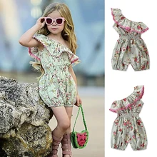 Цельнокроеный комбинезон без рукавов с цветочным принтом для маленьких девочек, комбинезон, футболка, штаны, комплект одежды, От 2 до 6 лет, D20